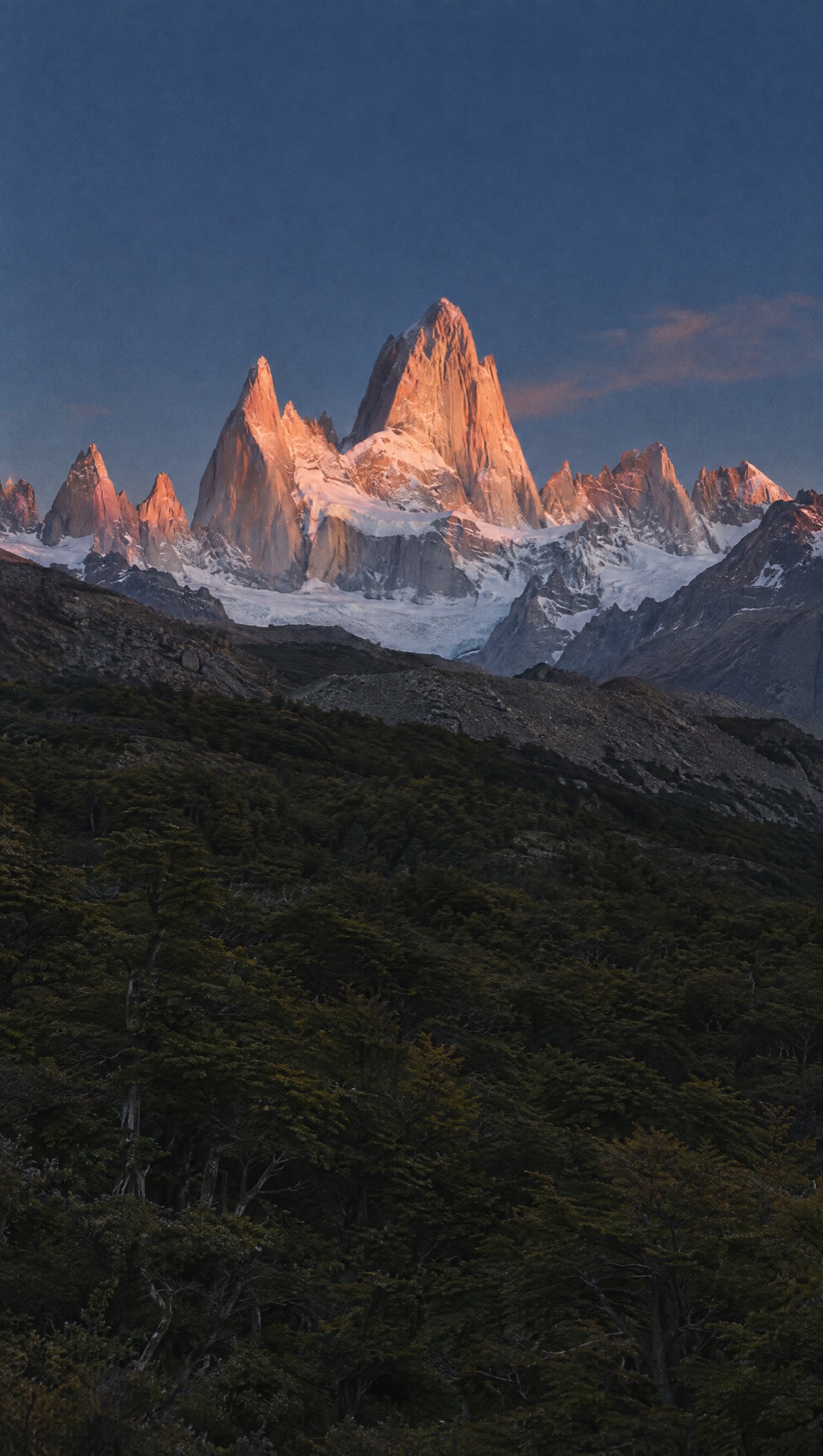 Fitz Roy at sunrise, snow on the granite and forest below.