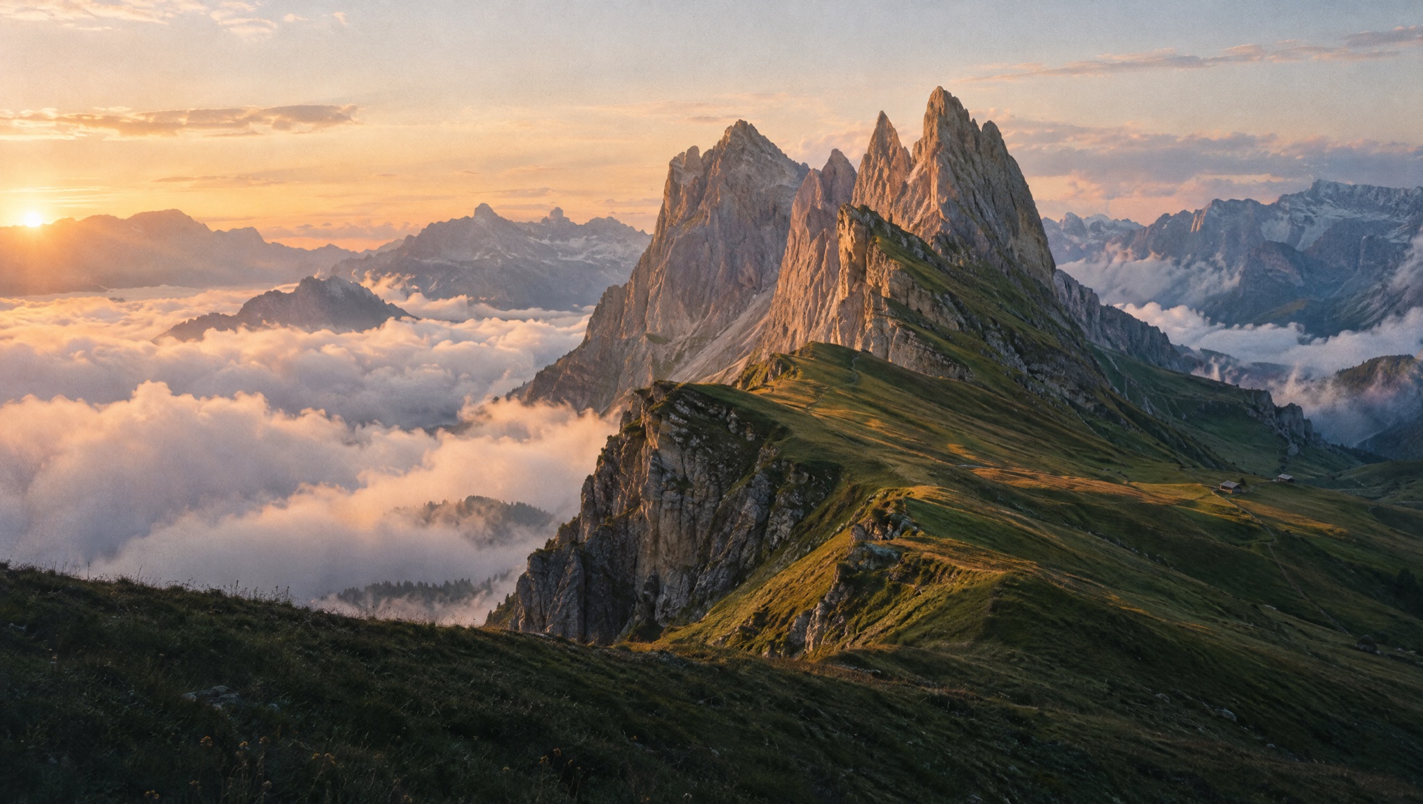 A rocky ridge above a sea of clouds at golden hour in the Dolomites.