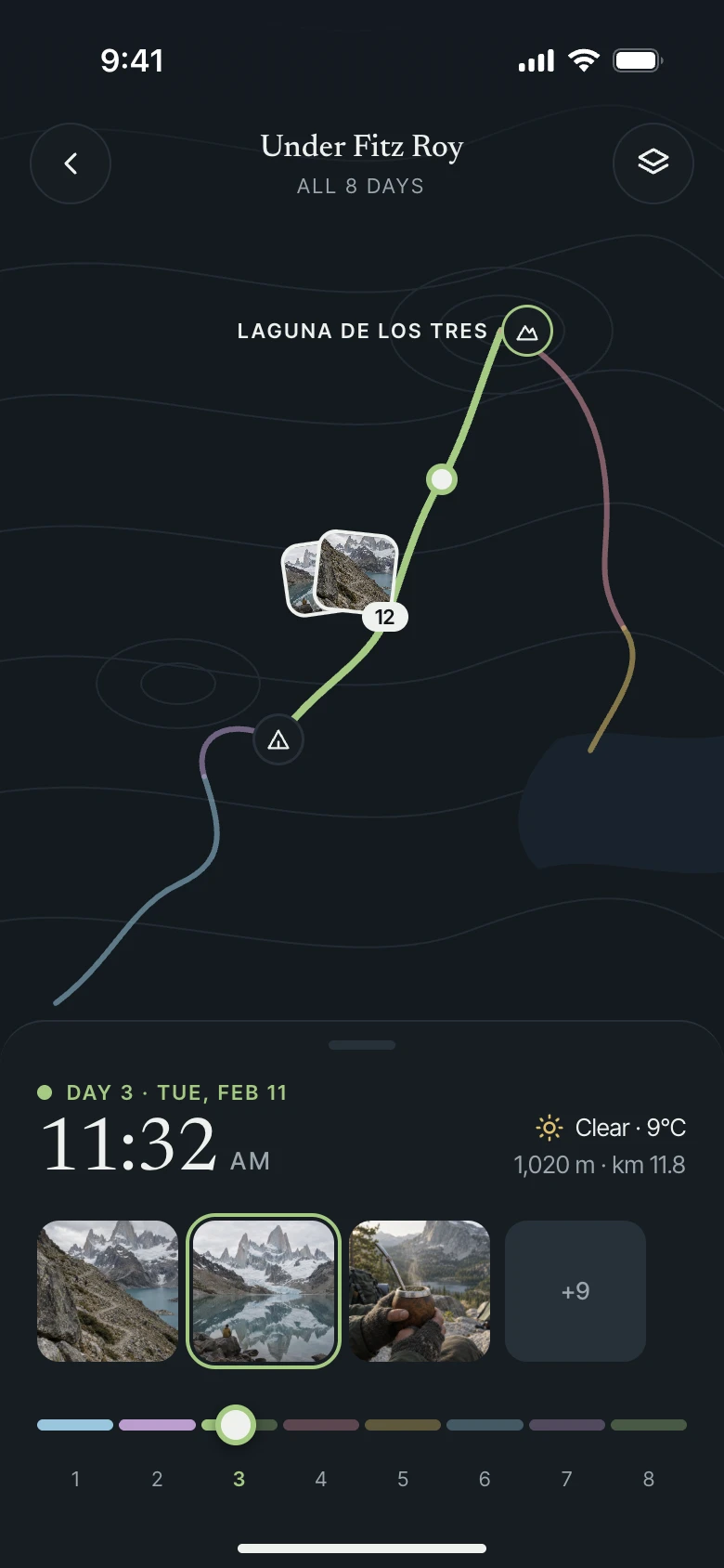 Map screen: the Fitz Roy route colored by day, with photos pinned on the track and a day scrubber below.