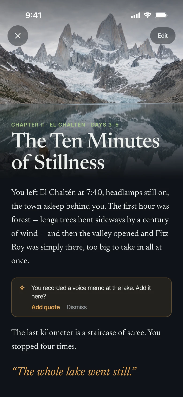 Story screen: a chapter called The Ten Minutes of Stillness, set under Fitz Roy.